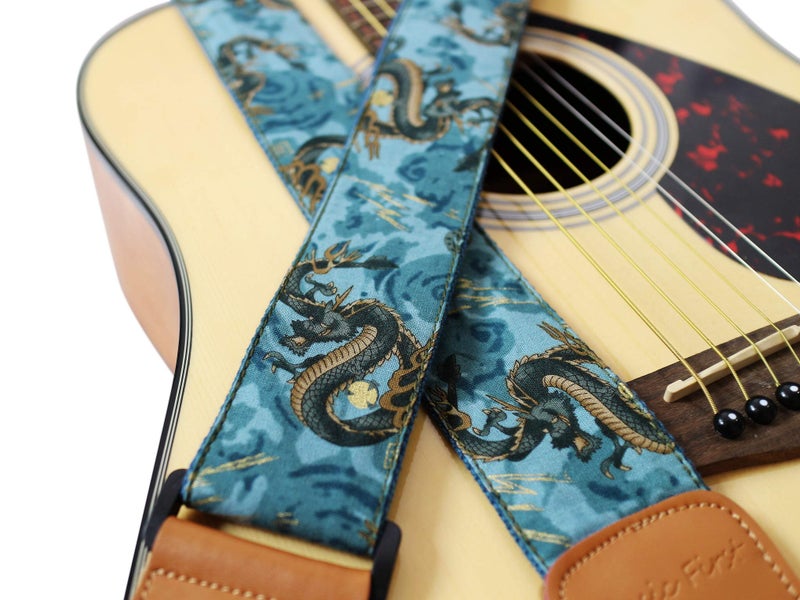 MUSIC FIRST Original Design, 2 inch width (5cm), Ukiyoe Style â€œThe Dragon Kingâ€ Soft Muslin & Genuine Leather Delux Guitar Strap,Electric Guitar Straps - Image 2
